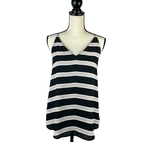 Ann Taylor LOFT Womens Top Tank SZ S Black Pink Striped V neck Strappy Flowy - Picture 1 of 10